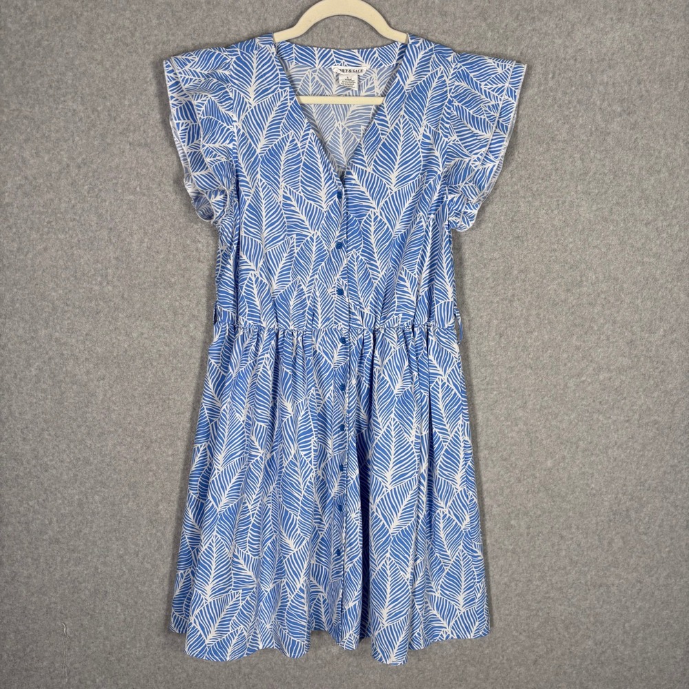 Ashly & Sage Dress Large Blue White Leaf Print Flutter Sleeve Button Front Mini